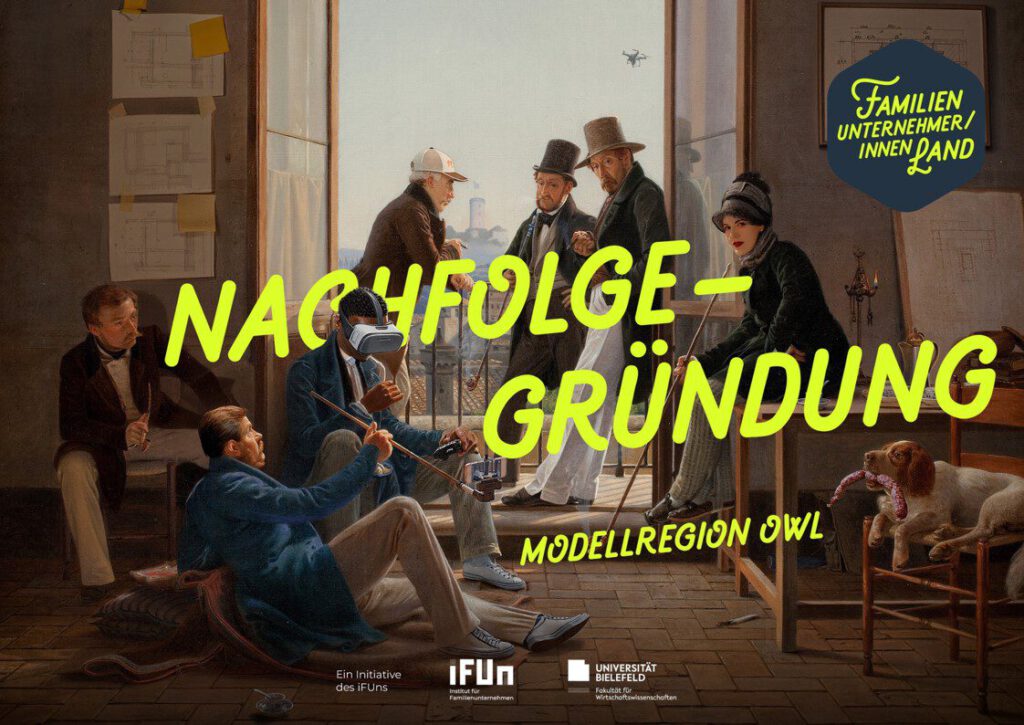 Ein historisches Gemälde zeigt Männer und eine Frau in altmodischer Kleidung, darüber ist ein leuchtend gelber deutscher Text gelegt: Nachfolge - Gründung Modellregion OWL. In den unteren Ecken und oben rechts erscheinen Logos.