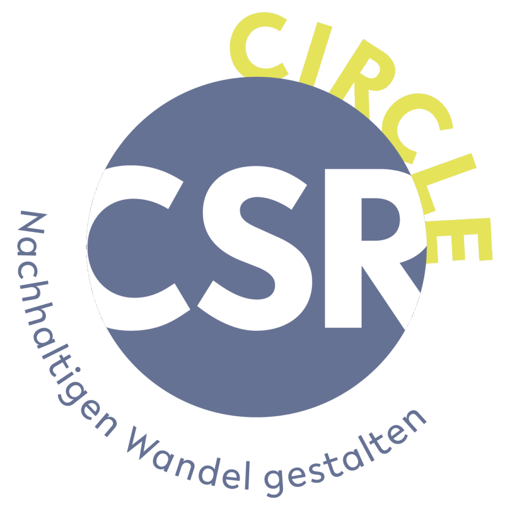 Logo mit einem großen blauen Kreis mit weißen Buchstaben CSR. Das Wort CIRCLE in Gelb steht teilweise hinter dem Kreis, und der deutsche Text Nachhaltigen Wandel gestalten kurvt darunter.