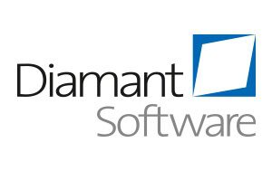Diamant Software Logo mit dem Wort Diamant in Schwarz, Software in Grau und einem gekippten weißen Quadrat innerhalb eines blauen Quadrats oben rechts.