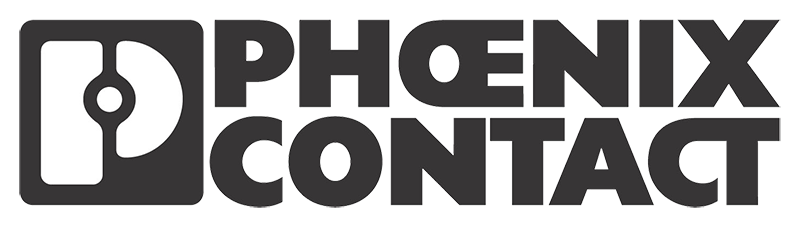 Phoenix Contact-Logo in Schwarz-Weiß mit einem stilisierten "P"-Symbol auf der linken Seite und dem Schriftzug "PHOENIX CONTACT" in fetten Großbuchstaben auf der rechten Seite des Symbols.