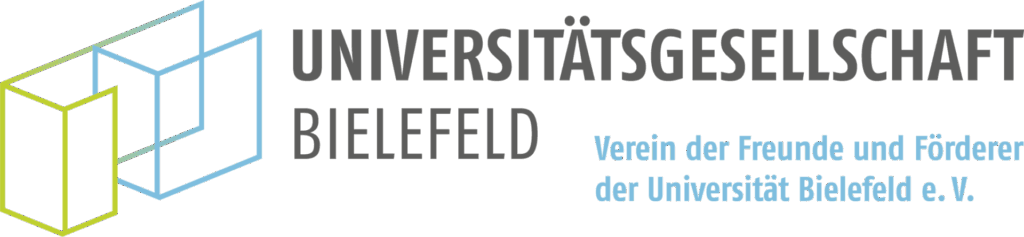 Logo der Universitätsgesellschaft Bielefeld mit zwei umrandeten Würfeln, einem gelben und einem blauen, neben dem Namen der Organisation in fetter Schrift. Darunter beschreibt ein kleinerer hellblauer Text den Zweck der Gesellschaft als Förderverein.