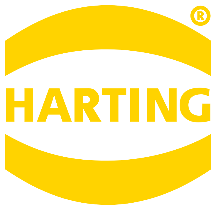 Das HARTING Logo zeigt den Markennamen HARTING in fetten gelben Buchstaben, umgeben von zwei dicken gelben gebogenen Balken oben und unten, mit einem eingetragenen Markensymbol in der oberen rechten Ecke, alles auf einem transparenten Hintergrund.