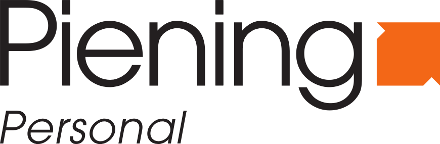 Logo mit dem Wort Piening in fetten schwarzen Buchstaben, gefolgt von einer orangefarbenen geometrischen Form. Darunter erscheint das Wort Personal in kursiver schwarzer Schrift.