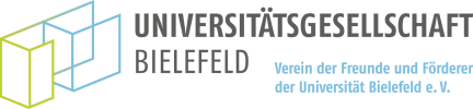 Logo der Universitätsgesellschaft Bielefeld mit zwei umrandeten Würfeln, einem gelben und einem blauen, neben dem Namen der Organisation in fetter Schrift. Darunter beschreibt ein kleinerer hellblauer Text den Zweck der Gesellschaft als Förderverein.