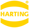 Das HARTING Logo zeigt den Markennamen HARTING in fetten gelben Buchstaben, umgeben von zwei dicken gelben gebogenen Balken oben und unten, mit einem eingetragenen Markensymbol in der oberen rechten Ecke, alles auf einem transparenten Hintergrund.